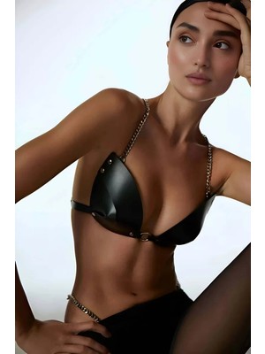 Esranın Dünyası Fantazi Zincirli G-String Sütyen Külot Takımı Deri Harness - BRF1227