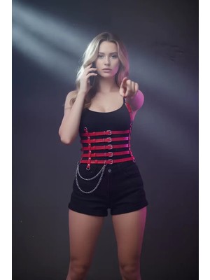 Esranın Dünyası Zincir Detaylı 5 Sıralı Kırmızı Deri Kemer, Deri Korse Kemer - BRF626