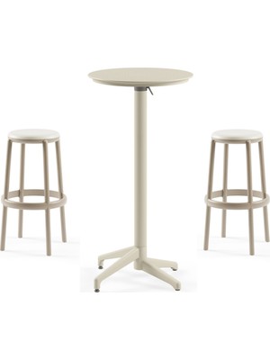 Tilia 2 Kişilik Polipropilen Bar Masa Takımı Bej (Moon Katlanır Bar Masası Ø60 cm + Duo Bar Taburesi)