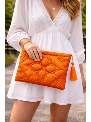 Turuncu Kapitone Portföy Çanta- El Yapımı Clutch- Abiye & Günlük Kullanım- Şık Kadın Çanta