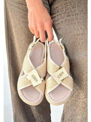 Erbilden Cate Bej Hasır Cilt Sandalet Kadın Bağcıksız 2 cm Topuk