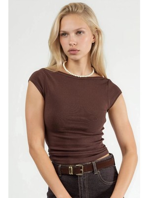 Hiccup Kadınlar BUSEM Slim Fit Kayık Yaka Bluz Kahve Kahvesi