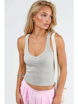 Hiccup Kadın Busem V Yaka Fitilli Askılı Bluz Gri