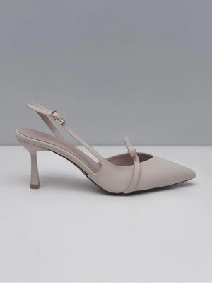 Feles Kadın Bej Nubuk Stiletto Arkası Açık Ince Topuklu – 7 cm Topuk - Podeia Estilo