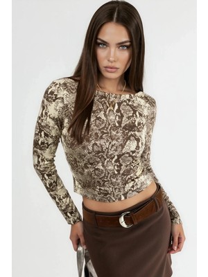 Hiccup Kadın Busem Yılan Desenli Kayık Yaka Crop Bluz Kahverengi