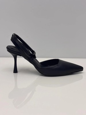 Feles Kadın Siyah Topuklu Arkası Açık Bilekten Bağlamalı Ayakkabı - Stiletto - 7 cm Topuk - Podeia Estilo