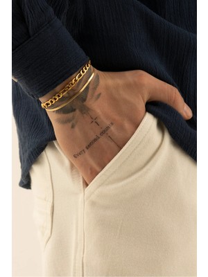 Fjellor Baranor Erkek Gold Renk Paslanmaz Çelik 2’li Bileklik Seti – Figaro & Yassı Slim Model