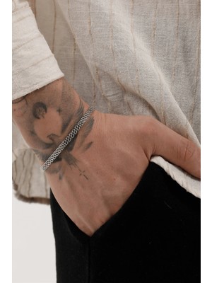 Fjellor Dalmor Gümüş Renk Erkek Paslanmaz Çelik Hasır Örgü Model Zincir Bileklik