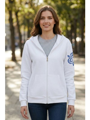 Evavi Kadın Yaşam Desen Baskılı Kapüşonlu Fermuarlı Beyaz Sweatshirt Ceket