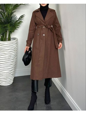 Modamorfo Kruvaze Yaka Düğmeli Kaşe Kap -Kahve