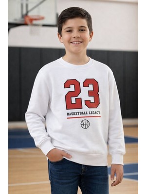 Evavi Erkek Çocuk 23 Numara Baskılı Bisiklet Yaka Beyaz Sweatshirt