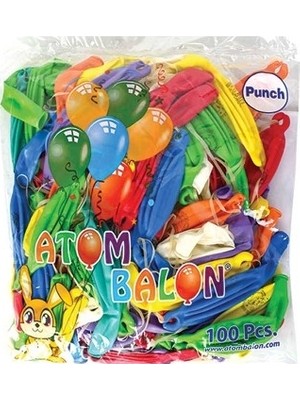 Atom Punch İpli Lastikli Balon 100'lü Paket - Büyük Boyutlu Renkli Parti Malzemesi