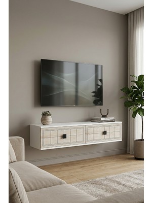 Ceneyra TDA1205BT - YUKA120 Duvara Montaj Tv Stand, Tv Rafı, Tv Sehpası 120CM Beyaz-Traverten