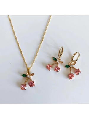 Venüs Design Pembe Kiraz Kolye-Küpe Set