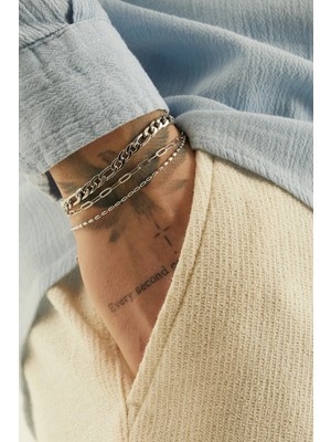 Fjellor Cendorin Gümüş Renk 3’lü Paslanmaz Çelik Erkek Bileklik Seti | Kalın Gurmet, Ataç & Ince Zincir