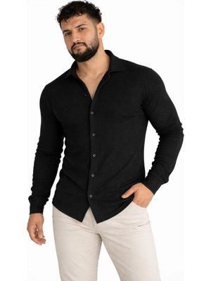 Pileli Store Erkek Waffle Kumaş Uzun Kollu Düğmeli Açık Yaka Regular Fit Gömlek - Siyah
