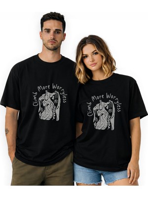 Kidilia Tırmanış Görselli Unisex Bisiklet Yaka Tasarım Tshirt - Beden: Mrenk: Siyah