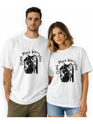 Kidilia Tırmanış Görselli Unisex Bisiklet Yaka Tasarım Tshirt - Beden: Lrenk: Beyaz