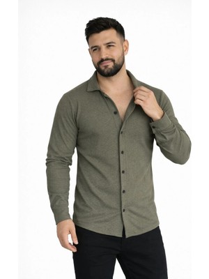 Pileli Store Erkek Waffle Kumaş Uzun Kollu Düğmeli Açık Yaka Regular Fit Gömlek - Haki
