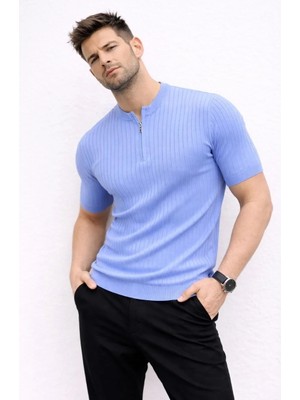 Giyim Center Erkek Kısa Kol Fitilli Triko T-Shirt Yazlık Hakim Yaka Tişört - Bebek Mavisi
