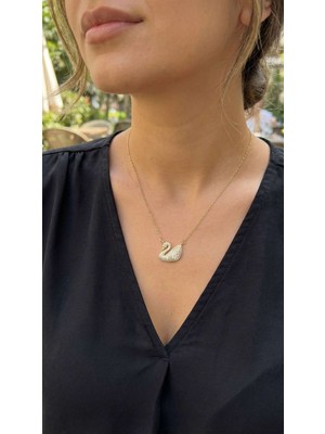 Ematcrt 316L Çelik Zincir Altın Renk Zirkon Taşlı Kuğu Kolye - Lisinya