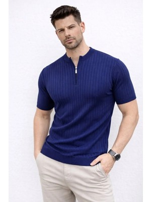 Giyim Center Erkek Kısa Kol Fitilli Triko T-Shirt Yazlık Hakim Yaka Tişört - Lacivert