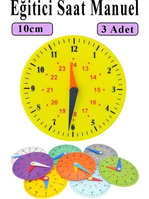 Artlantis Saat Öğretimi Materyali 3 Adet 10 cm Plastik Eğitim Saati Manuel Saat Modeli Kadran Akrep Yelkovan