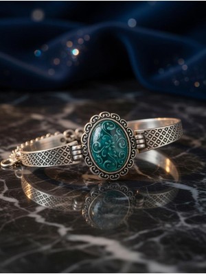 Anka Select El Yapımı Alpaka (Alman Gümüşü) Bileklik – Işlemeli Seramik Taşlı Vintage Otantik Tasarım Bilezik
