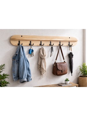 105 cm Ahsap Renk Oval Kesim 6 Kancalı Duvara Monte Askılık