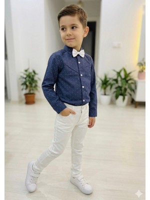 Gny Giyim Erkek Çocuk Puantiye Detaylı Lacivert Beyaz Smokin Takım