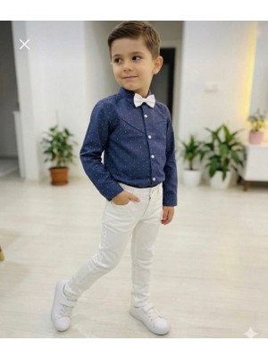Gny Giyim Erkek Çocuk Puantiye Detaylı Lacivert Beyaz Smokin Takım