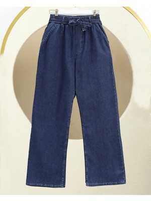 Modamorfo Bol Paça Beli Lastikli Kuşaklı Kot Pantolon -Indigo