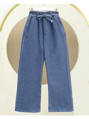 Modamorfo Bol Paça Beli Lastikli Kuşaklı Kot Pantolon -Koyu Mavi