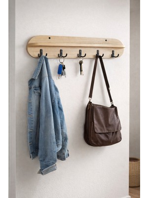 Emr Mobilya 90 cm Ahsap Renk Oval Kesim 5 Kancalı Duvara Monte Askılık