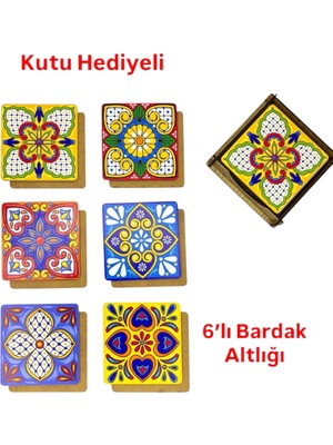 Atölye Smyrna 6'lı Bardak Altlığı Seti, Kutu Hediyeli, Dekoratif Sunumluk, Ahşap Bardak Altlığı, Çiçek Desen1