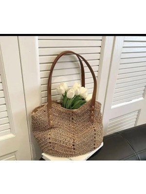 love Doğal Hasır Kadın Omuz Çantası, Iç Astarlı, Ağzı Fermuarlı