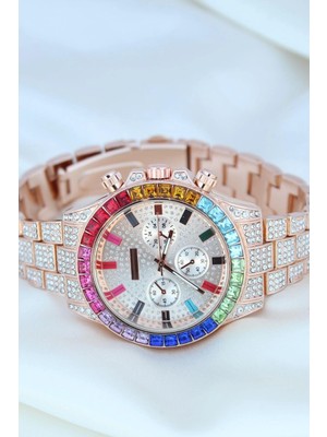 Clariss Trend Rose Metal Kordonlu Zirkon Taş Kaplama Renkli Taşlı Kasa Tasarımlı Lüx Kadın Kol Saati ( Lisinya )