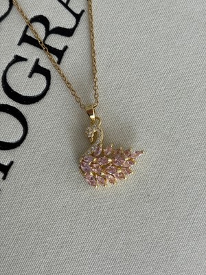 Belirtilmemiş 316L Çelik Pembe Kuğulu Swan Kolye/gold