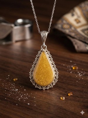 Anka Select El Yapımı Sarı Damla Taşlı Kolye | Alpaka Alman Gümüşü Çerçeve | Vintage Şık Tasararım Kolye Ucu