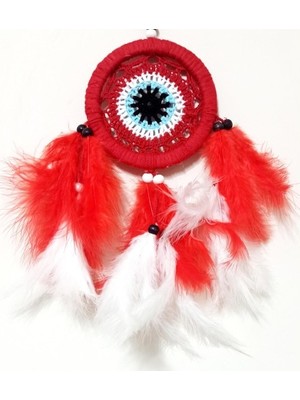 Akinco Kırmızı Beyaz Kuş Tüylü Catcher El Yapımı Mini Duvar Süsü