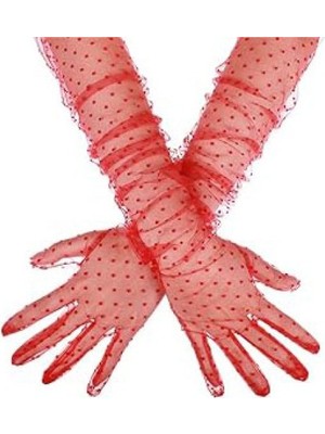 Akinco Uzun Boy Kırmızı Puantiyeli Kırmızı Renk Yetişkin Tül Eldiven 55 cm