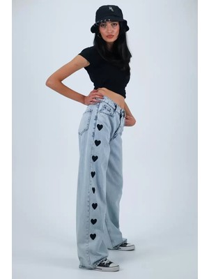 Paradise Sda Kalp Nakışlı Mavi Yıkamalı Baggy Jean 645651