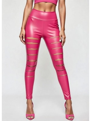 Hafif Giyim Fantezi Seksi Deri Görünümlü Yırtmaç Detaylı Tayt HF101289