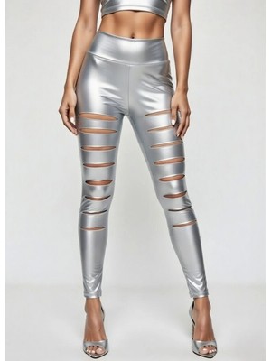 Hafif Giyim Fantezi Seksi Deri Görünümlü Yırtmaç Detaylı Tayt HF101289