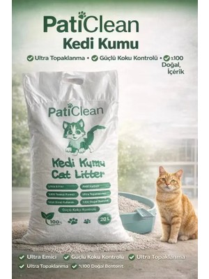 Pati Clean 20 Lt %99 Tozsuz İnce Taneli Süper Topaklanan Beyaz Bentonit Kedi Kumu Kokusuz Organik Kedi Kumu