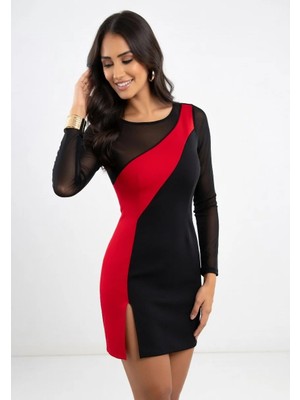 Hafif Giyim Siyah Fantezi Seksi Yırtmaçlı Uzun Kollu Mini Elbise HF100885