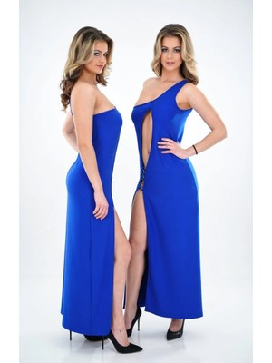 Hafif Giyim Mavi Fantezi Seksi Derin Yırtmaçlı Tek Omuz Uzun Elbise HF112120