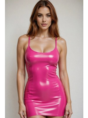 Hafif Giyim Fantezi Seksi Deri Görünümlü Ip Askılı Sırt Dekolteli Mini Elbise HF120660