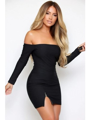 Hafif Giyim Siyah Fantezi Seksi Omuzu Açık Yırtmaçlı Fermuarlı Mini Elbise HF101213