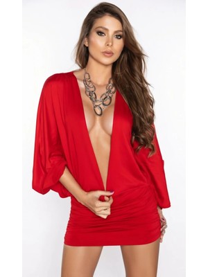 Hafif Giyim Kırmızı Fantezi Seksi Derin Göğüs Dekolteli Mini Elbise HF100915